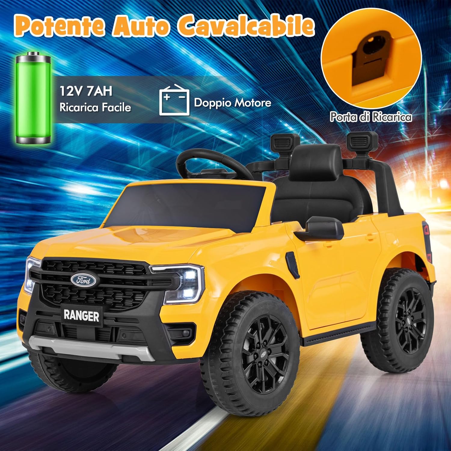 Ford Ranger Auto Elettrica 12V per Bambini, con Telecomando, USB, Clacson, 2 Modalità di Guida, Connessione Wireless, Partenza Progressiva, per Bambini da 3 a 6 Anni