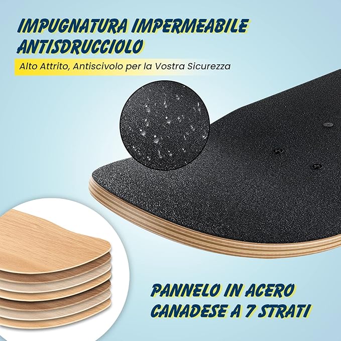 Skateboard Mini Cruiser Completa Longboard in Legno di Acero, Colori a Scelta, 79 x 20 cm
