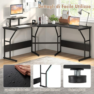 Scrivania ad Angolo a Forma di L con Presa Elettrica, Scrivania Angolare per Computer con Supporto Monitor Movibile, 225cm Postazione da Lavoro per 2 Persone per Lavoro e Gioco (Nero)