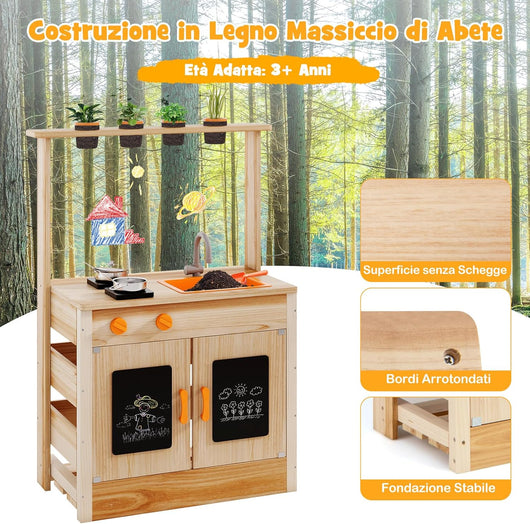 Cucina Giocattolo per Giardino con Lavagna Acrilica per Dipingere, Cucina in Legno di Abete per Bambini con 4 Vasi da Giardinaggio, Set Cucina con Accessori, 68 x 34 x 93 cm