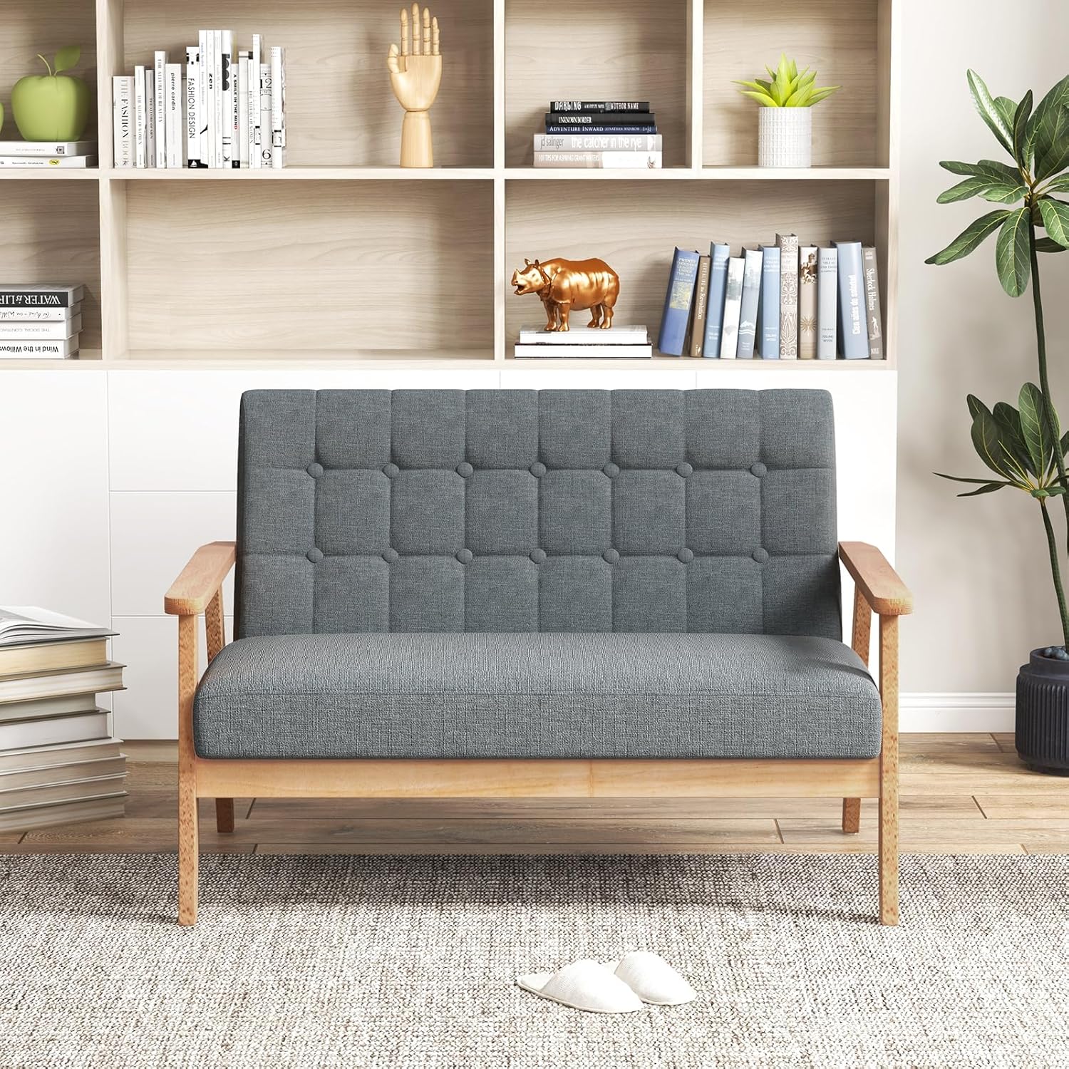 Divano a 2 Posti in Lino, Panchina Imbottita con Cuscini e Struttura in Legno di Gomma, Divano per Soggiorno, Camera da Letto, Studio