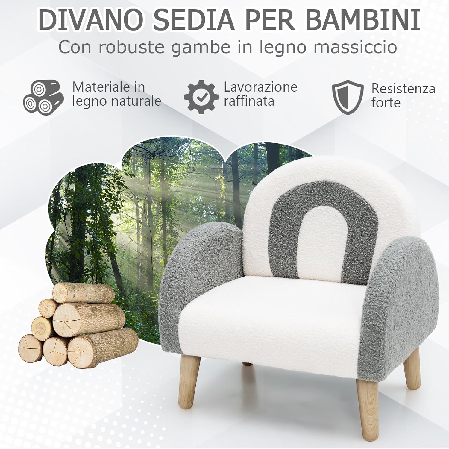 Divano Sedia per Bambini con Tessuto Morbido, Sedia Imbottita con Schiuma ad Alta Elasticità Gambe in Legno Massiccio, Adatta per Asilo Sala, Giochi Camera (grigio)