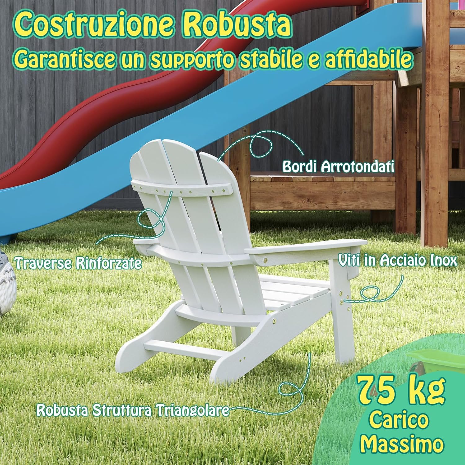 Sedia Adirondack per Bambini da Giardino, Sedie Ergonomica in HDPE con Schienale Inclinato e Braccioli, Poltrona per Interno ed Esterno, per Bambini 3 a 8 Anni, 52 x 53,5 x 64 cm (Bianco)