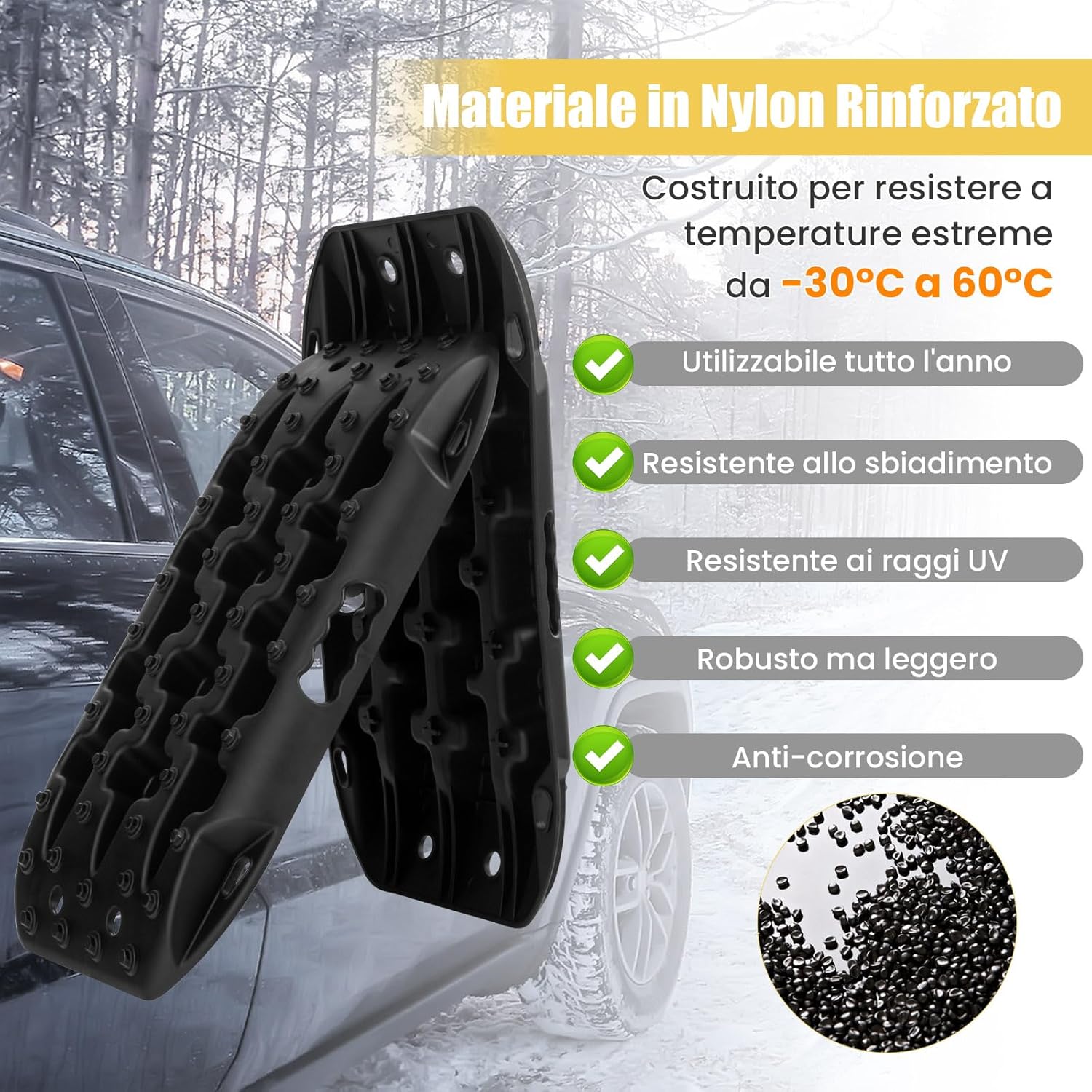 Tappetino di Trazione 2 Pezzi, Carico 10T, Piastre di Trazione per SUV Camper Auto Camion, Tavola di Recupero per Piste Offroad, per Sabbia, Neve, Fango (Nero, 58 x 31 x 6 cm)