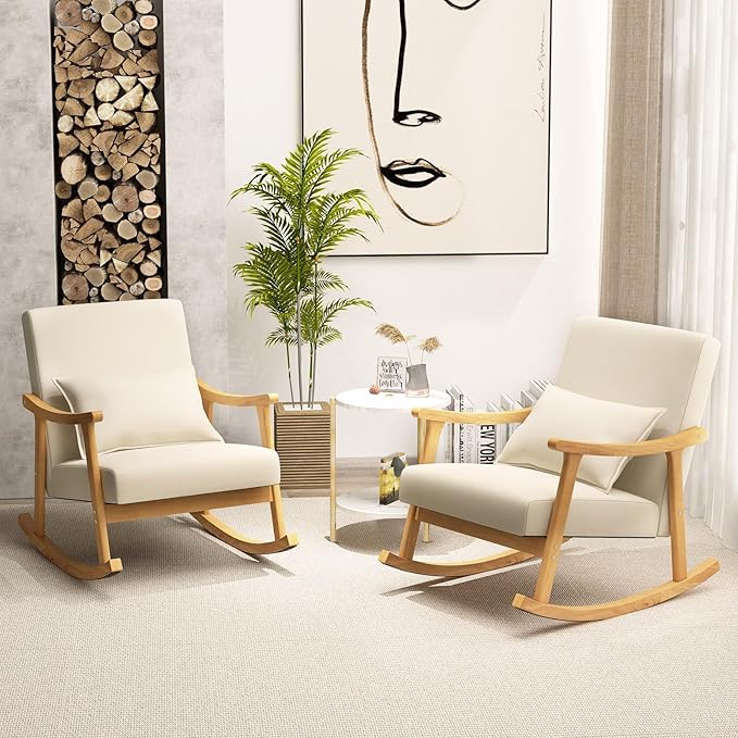 Sedia a Dondolo, Sedia Ergonomica Relax con Schienale Alto e Cuscino Seduta Imbottito, Struttura in Legno di Gomma Naturale e Cuscino Lombare Morbino, Poltrona Moderno per Soggiorno (Beige)