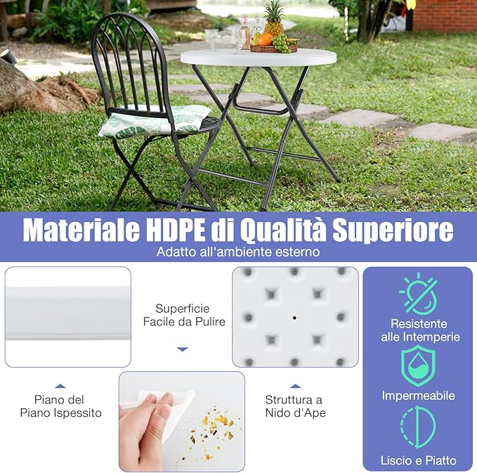 Tavolo Rotondo Pieghevole 81 cm, Tavolo da Campeggio in HDPE, Gambe in Metallo e Piedini Antiscivolo, per Esterno e Interno Picnic Campeggio, Portata 75 kg
