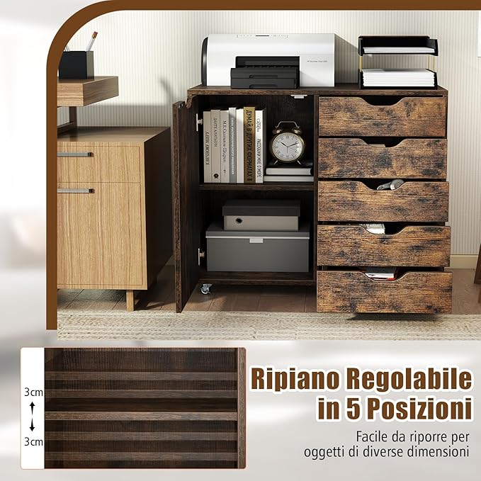 Mobiletto con 5 Cassetti e Anta, Cassettiera per Documenti con 5 Ruote e Ripiano Regolabile, per Soggiorno, Ufficio e Cucina, 79 x 40 x 65 cm (Marrone)