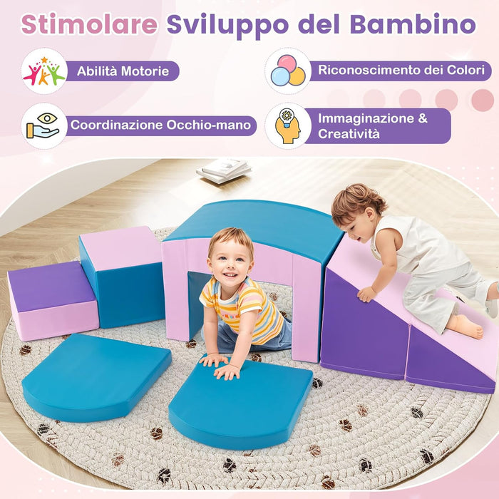 6 Blocchi di Schiuma per Arrampicata, Gioco Morbido per Bambini, Set di Costruzioni Colorate per Arrampicarsi e Strisciare con Tunnel, Scale e Rampetta per Bambini 12 Mesi + (Blu)