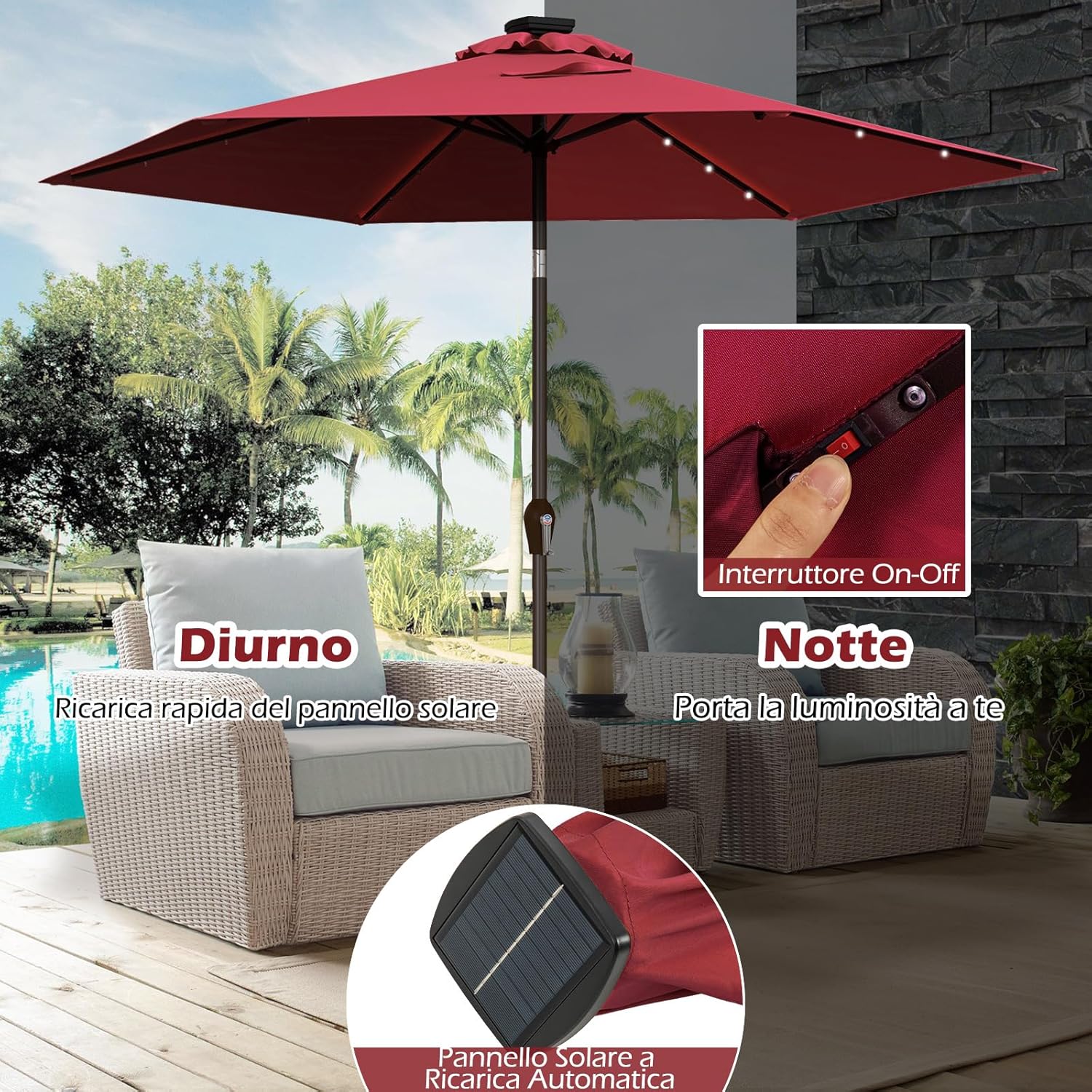 Ombrellone da Giardino con Led Luci ?270 cm, Parasole da Esterno Ombrello da Spiaggia (Rosso)