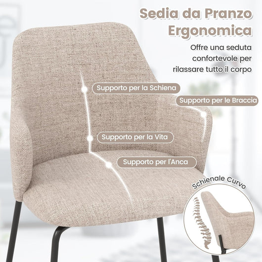 Set di 2 Sedie da Pranzo, Sedia da Pranzo con Braccioli, Sedia Imbottita con Schienale Curvo, Piedini Regolabili, Gmabe in Metallo, Portata 150 kg, 60 x 54 x 84 cm