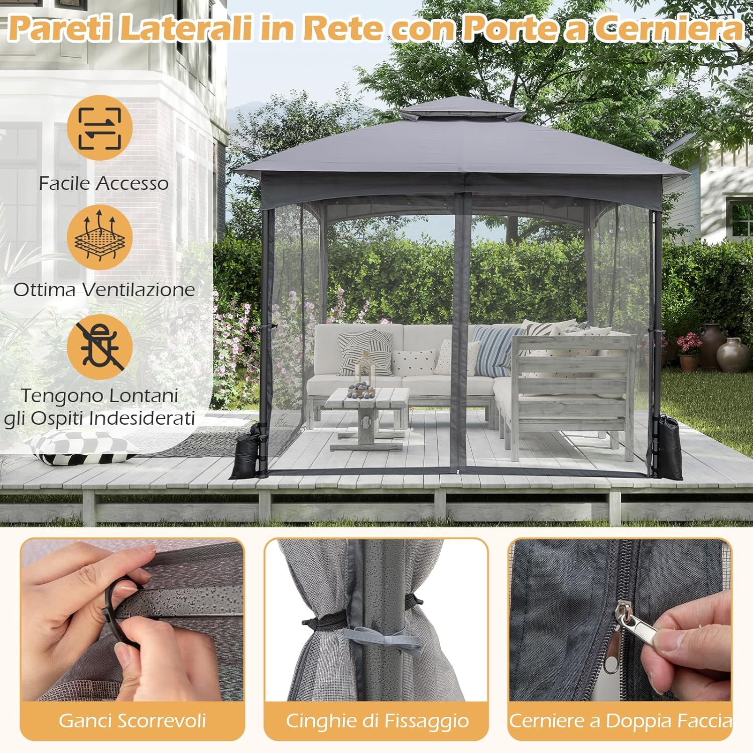 Gazebo da Giardino 3 x 3 m, Gazebo Impermeabile con Rete Mesh Staccabile e Terro Ventilato a Doppio Strato, Tenda Regolabile in Altezza per Feste, BBQ e Picnic (Grigio)