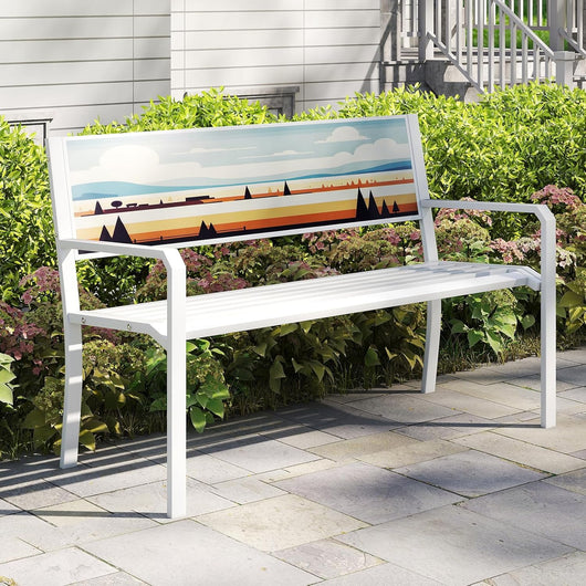 Panca da Giardino Decorativo Artistico in Metallo, Panchina da Esterno con Schienale Decorato, Panchina da Giardino 2-3 Posti per Terrazza (Bianco, 128 x 53 x 81,5 cm)