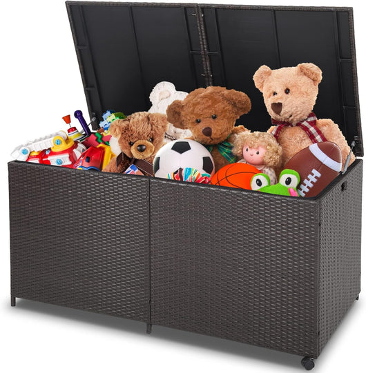 Baule da Giardino 662L, Panca Contenitore in Plastica con Coperchio, Maniglia e 2 Ruote Universali, in Rattan, per Interni e Esterni, 150 x 77 x 73 cm (Modello 3)