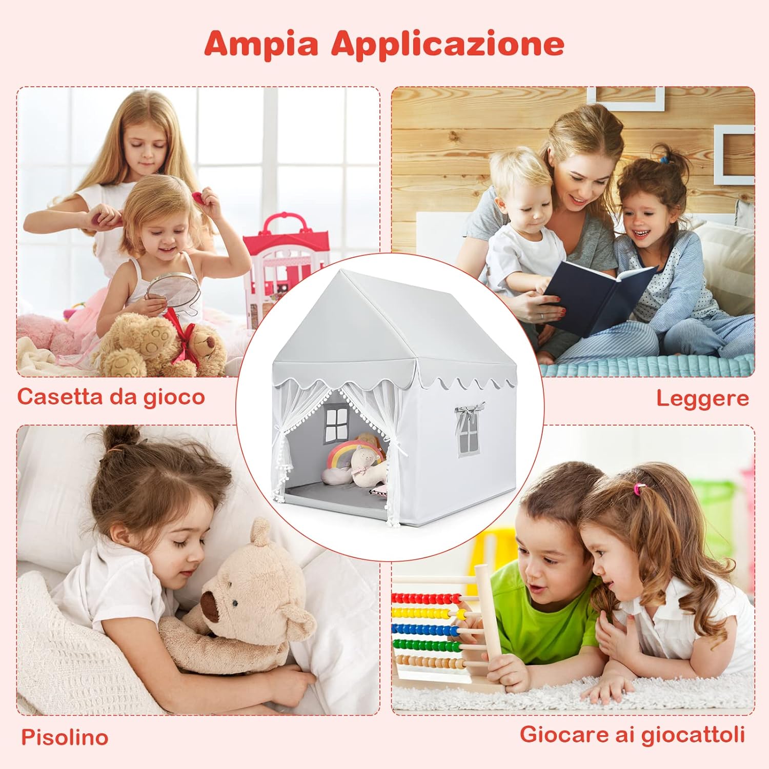 Tenda da Gioco per Bambini, Casetta per Bambini con Struttura in Solido Legno, Tappetino di Cotone, Tenda a Rete e Finestre, 105x120x140 cm (grigio)