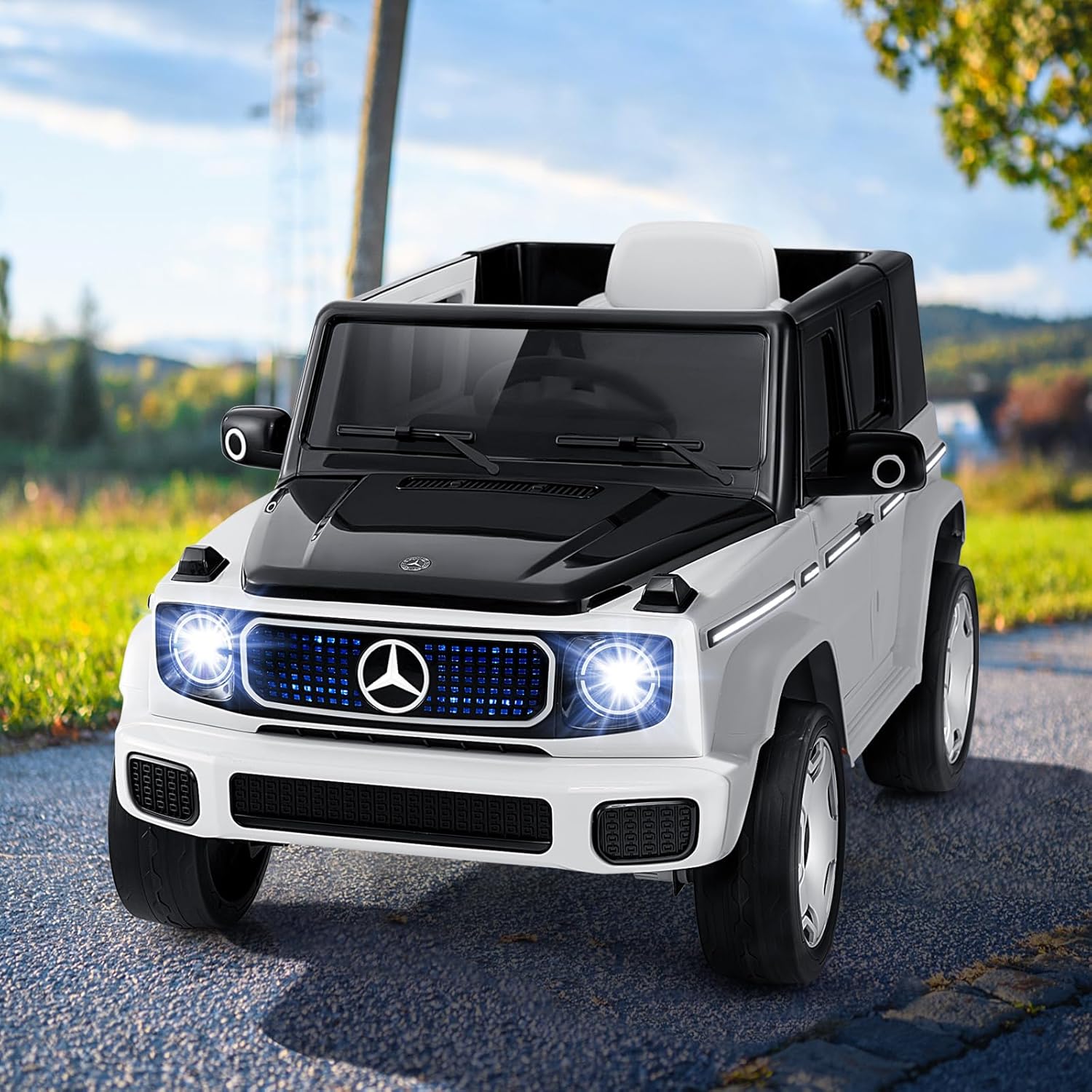 Benz Auto Cavalcabile per Bambini, Veicolo Elettrico 4WD con Telecomando Luci Musica e Clacson, Sospensione a Molla, 3-5 KM/H, per 37-96 Mesi (Bianco)