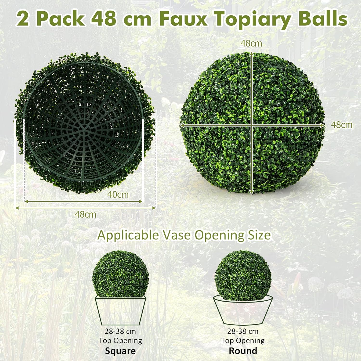 Set di 2 Piante Artificiali a Sfera, 48 cm, Realistiche, in PE, per Interni ed Esterni, Ideali per Veranda, Balcone e Giardino e Matrimonio