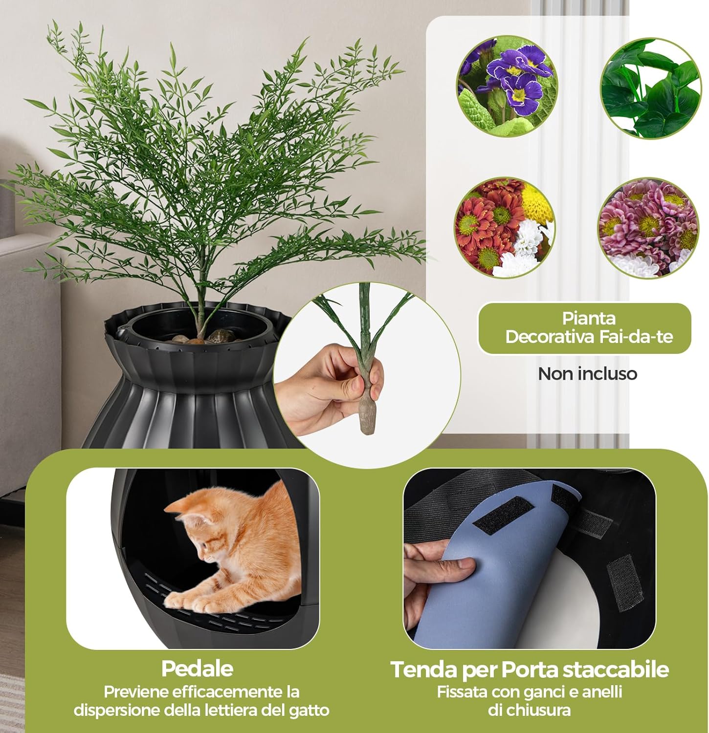 Lettiera per Gatti Smart con Rimozione Elettronica degli Odori e Sterilizzazione, Pianta Finta, Ciottoli, Tenda per la Porta, Paletta, Adatta per Gatti Grandi e Cuccioli (Nero)