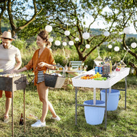 Tavolo Pieghevole Giardino 150 cm, Tavolo da Esterno con Doppi Lavelli, Tubi di Scarico, con Raffreddatore per Ghiaccio, Contenitore per Bevande, per Giardino Campeggio