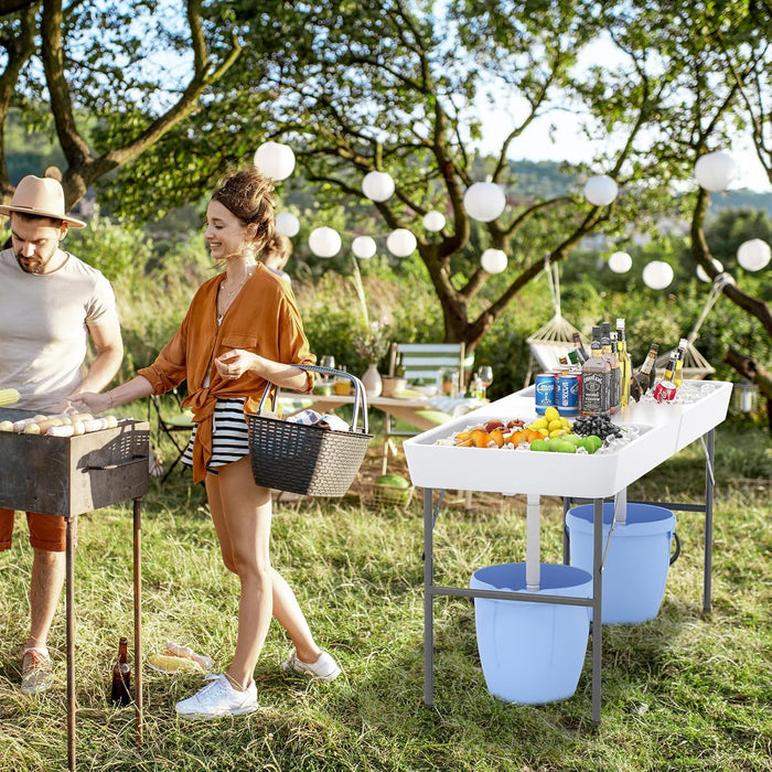 Tavolo Pieghevole Giardino 150 cm, Tavolo da Esterno con Doppi Lavelli, Tubi di Scarico, con Raffreddatore per Ghiaccio, Contenitore per Bevande, per Giardino Campeggio