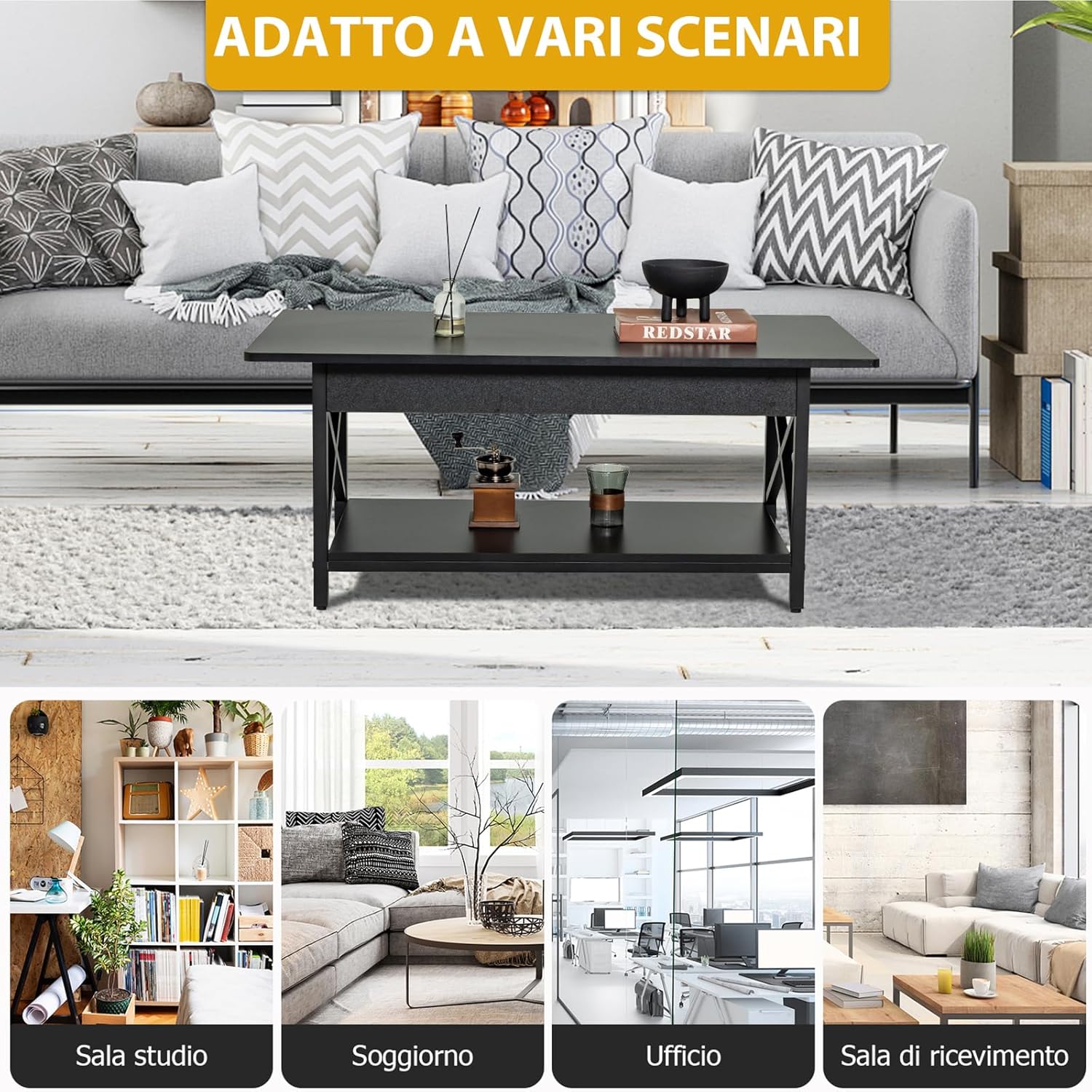 Tavolino da Salotto 2 Livelli, Tavolino da caffè Industriale con Struttura in Metallo a Forma di X, Tavolino Rettangolare per Soggiorno, Studio e Ufficio, 60 x 110 x 48 cm (Nero)