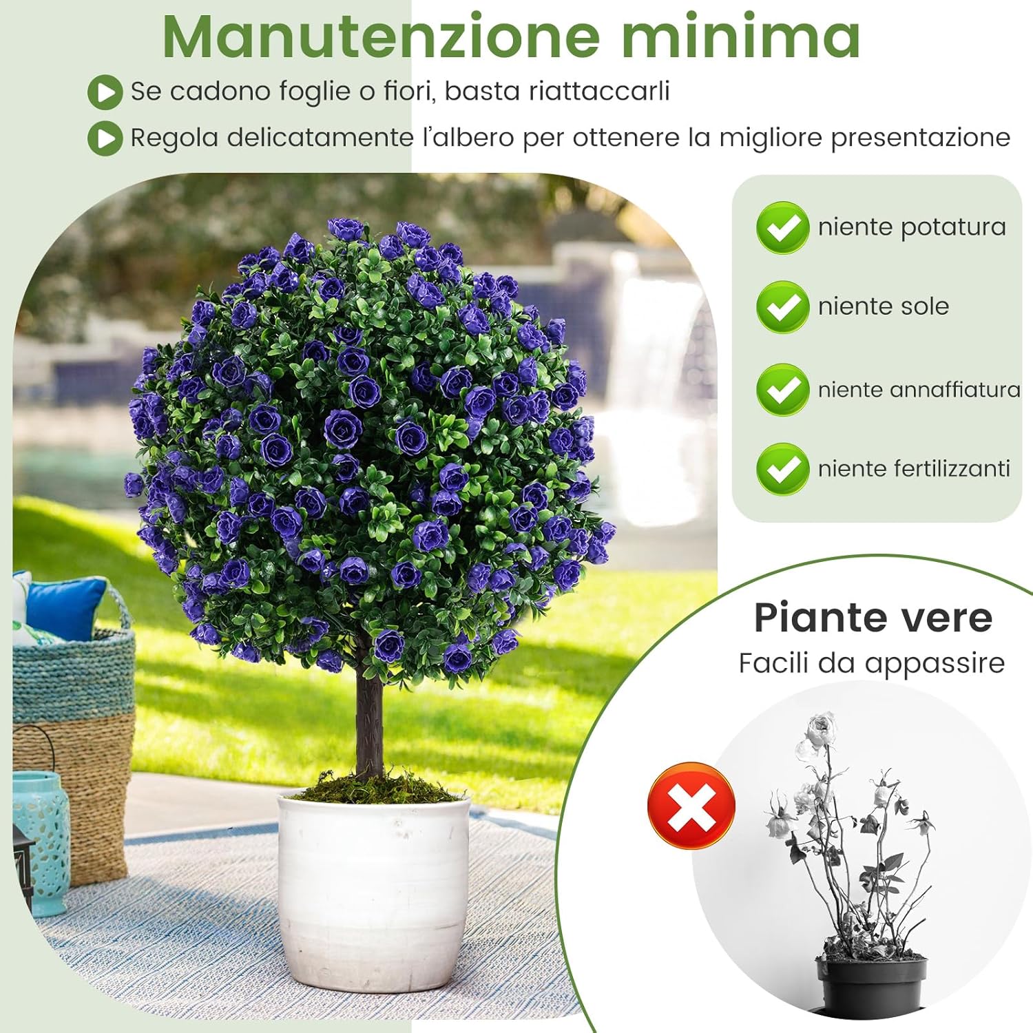 Set di 2 Alberi di Topiario Artificiale con Rose Viola, Albero di Bosso Finto da 55 cm con Vaso Riempito di Cemento, Pianta Finta Resistente al Sole per Interni ed Esterni