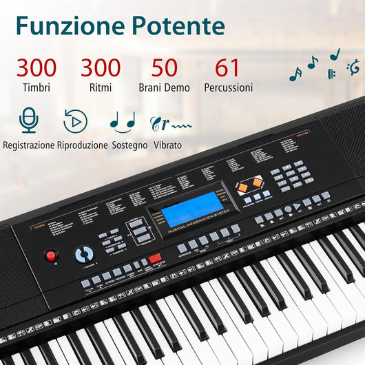 Set Pianoforte Elettronico Portatile a 61 Tasti, Pianoforte Digitale con 300 Timbri, 300 Ritmi, 50 Canzoni Demo, Pianoforte con Supporto e Sgabello, Modalità di Insegnamento, Microfono, Cuffie