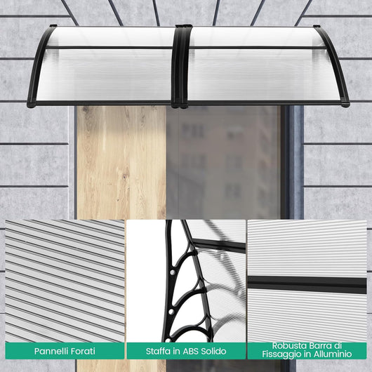 Tettoia per Porta Finestra, Pensilina Tettoia per Porta Balcone Esterno, per Protezione da Sole, Pioggia, Neve e Vento, 122 x 99 cm