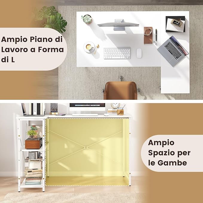 Scrivania Angolare a Forma di L, Scrivania ad Angolo Salvaspazio e Reversibile con Ripiano Regolabile e Struttura in Metallo Resistente, Tavolo per Ufficio e Casa (Bianco)
