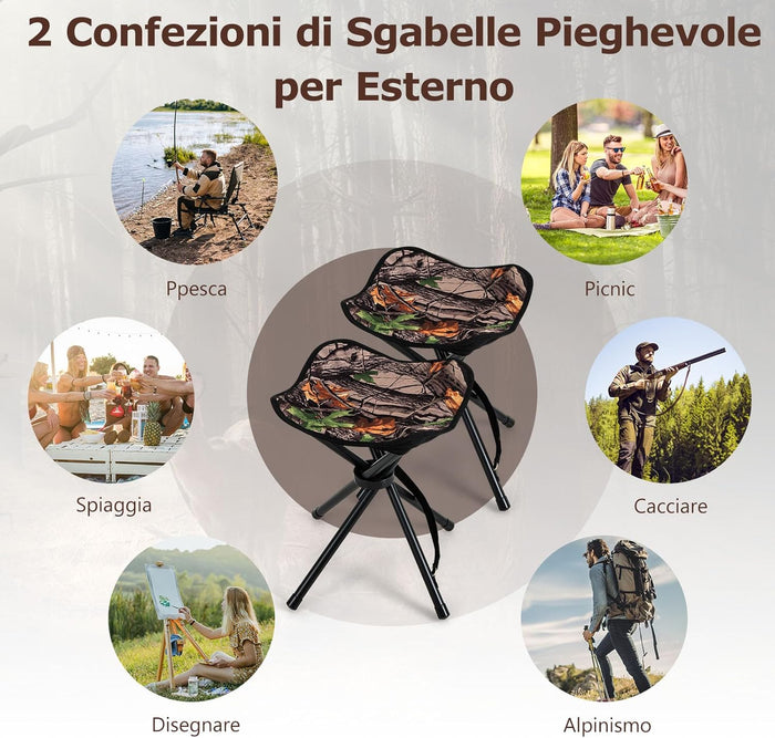 Set di 2 Sgabelli da Caccia Treppiede Pieghevoli, Sgabello da Esterno Pieghevole Leggero con Tracolla, Sgabello Treppiede Portatile per Campeggio, Caccia, Pesca, Viaggi, Carico Massimo 150 kg