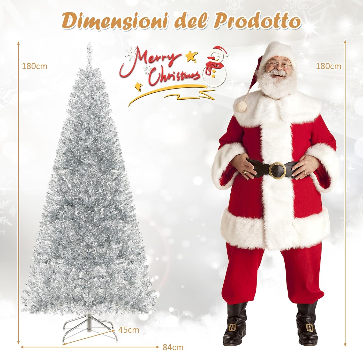 Albero di Natale 180 cm, Albero di Natale Artificiale Argento con 790 Rametti, 300 Luci a LED Bianco Caldo, Supporto Pieghevole in Metallo, Decorazione Natalizia per Ufficio e Casa
