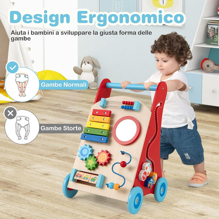 7 in 1 Girello per Bambini in Legno, Carrellino Primi Passi con Manico, Contenitore e Ruote, Giocattolo Montessori da Spingere e Tirare, Gioco Educativo per Bambini 3 + Anni (Modello 1)
