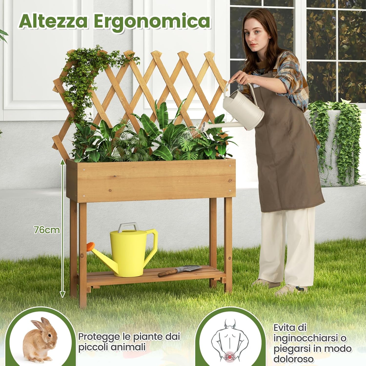 Fioriera Rialzata per Piante Rampicanti, Aiuola Rialzata con Grigliato, Ruote Bloccabili, Ripiano, Gambe e Fodera, Orto Rialzato da Esterno in Legno, 90 x 29 x 129 CM