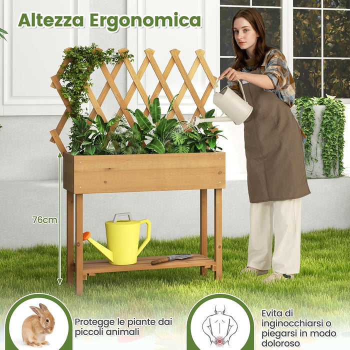 Fioriera Rialzata per Piante Rampicanti, Aiuola Rialzata con Grigliato, Ruote Bloccabili, Ripiano, Gambe e Fodera, Orto Rialzato da Esterno in Legno, 90 x 29 x 129 CM
