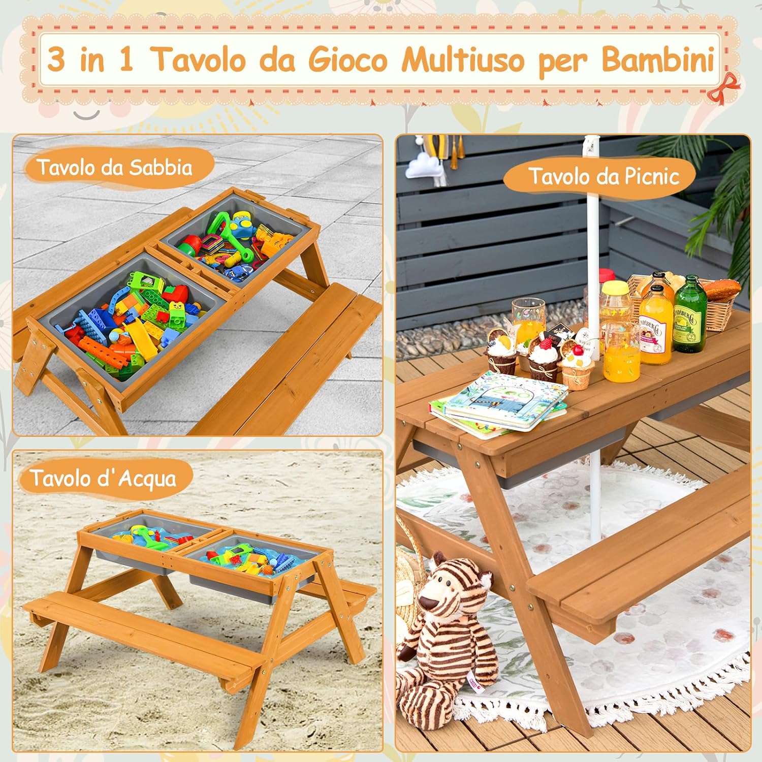 Set Tavolo Picnic Bambini 3 in1 con Ombrellone Rimovibile e Regolabile, Tavolino con Piano Rimovibile, Tavolo con Panche in Legno per Bambini da Interno Esterno (bianco+verde)