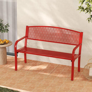 Panca da Esterno 2-3 Posti 128 cm, Panca in Metallo con Braccioli Curvi e Schienale alla Moda, Panchina Moderna in Metallo per Parco, Cortile e Giardino (Rosso, 128 x 60 x 86.5 cm)
