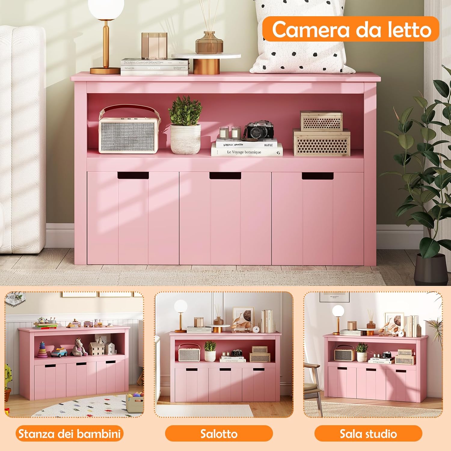 Armadio con 3 Cassetti, Scaffale di Legno con Ruote e Cubi per Giocattoli dei Bambini, Ampio Spazio, Organizer Durevole per Salone Camera da letto Camera dei bambini (Rosa)