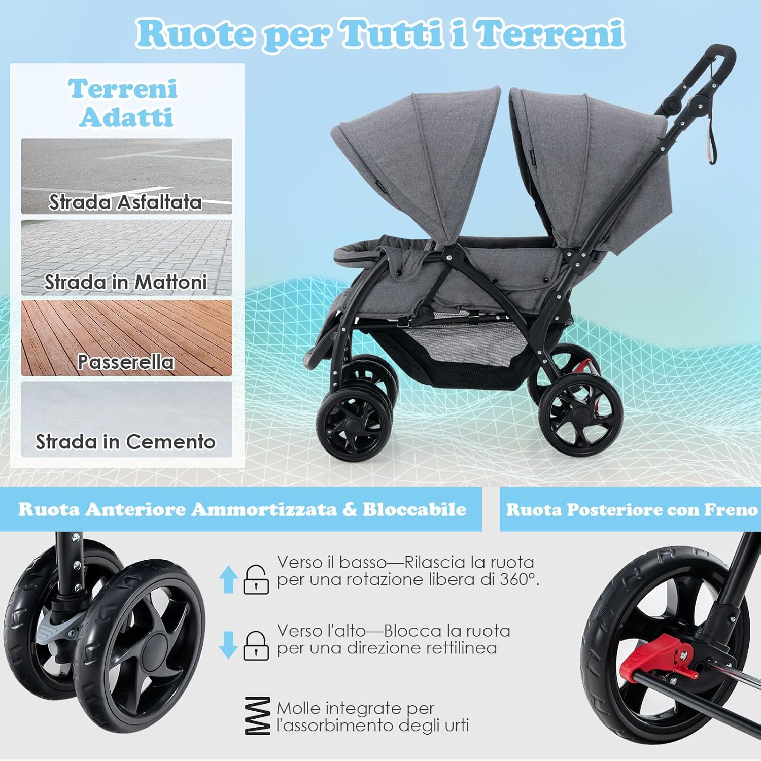 Passeggino Doppio Pieghevole per Bambini, Passeggino Gemellare Pieghevole, con Seduta in Tandem e Tettuccio, Schienale Regolabile, Ruote Bloccabili e Antiurto, Portata Totale 30 kg (Grigio)