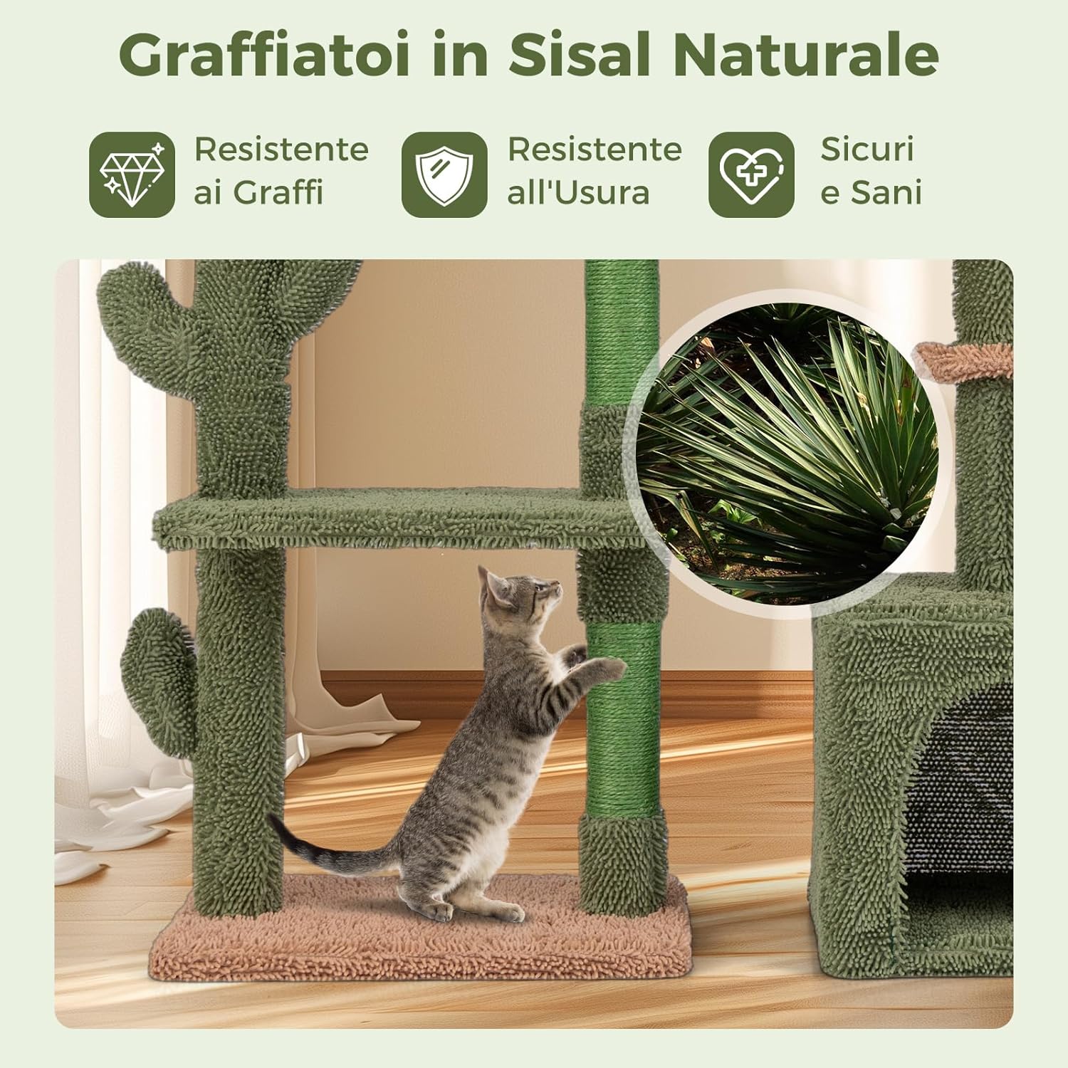 Tiragraffi per Gatti Moderno, Torre per Gatti Estetica a Forma di Cactus con Ripiano, Condo, Amaca, Posti per Graffi in Sisal e Cuscino Lavabile, Albero per Gatti Adulti e Cuccioli