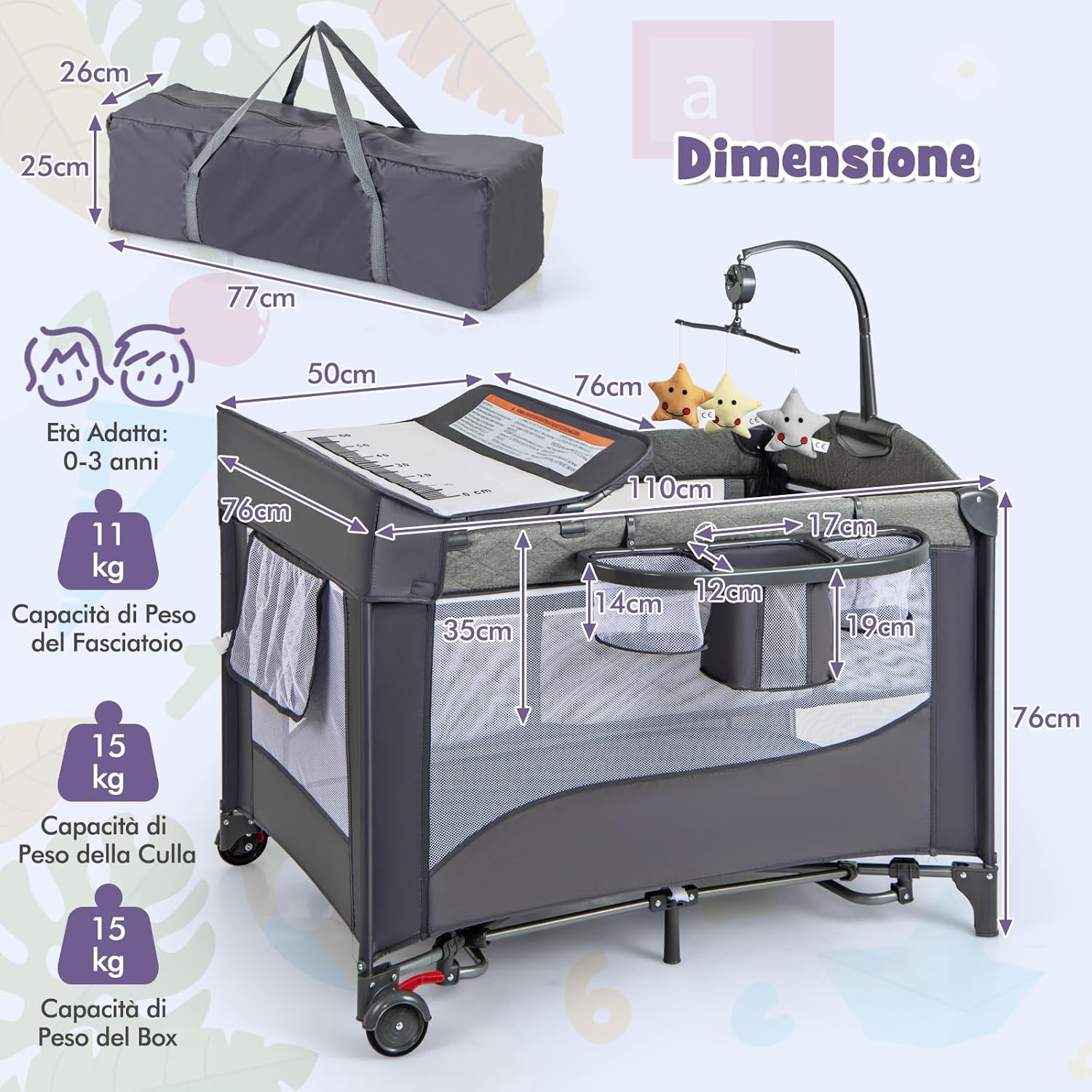5-in-1 Lettino da Campeggio con Materasso, Lettino per Bambini con Fasciatoio, Lettino Pieghevole e Portabile, Altezza Regolabile in 5 Livelli, per Bambini 0-36 Mesi (Grigio+Grigio Scuro)