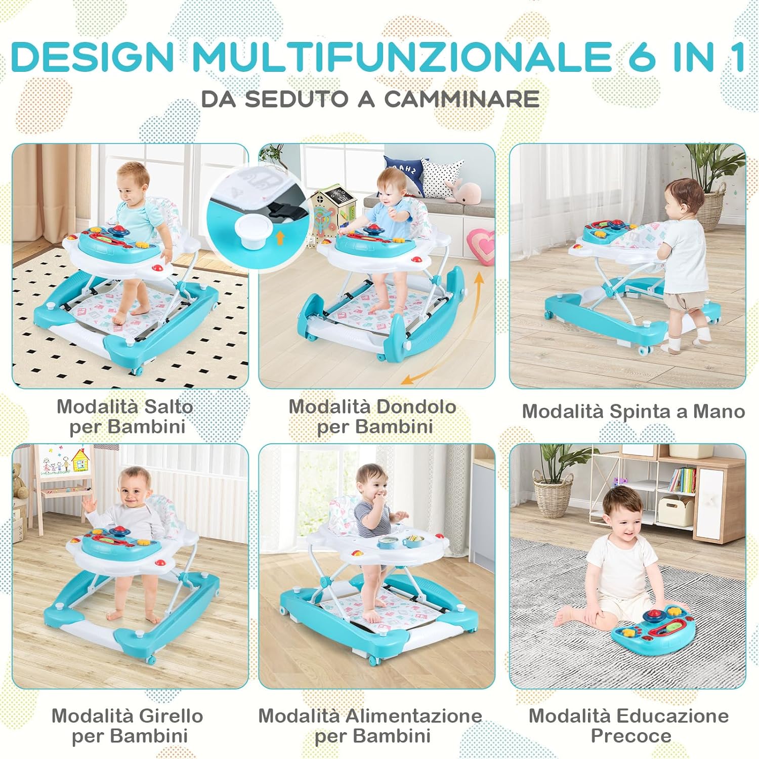 Girello per Bambini 6 in 1, Primi Passi per Neonati con Altezza Regolabile, Sedia a Dondolo per Bambini, Girello Pieghevole con Vassoio Musicale, Cuscino, per Bambini 6+ Mesi (Verde)