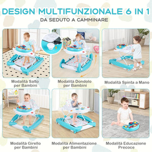 Girello per Bambini 6 in 1, Primi Passi per Neonati con Altezza Regolabile, Sedia a Dondolo per Bambini, Girello Pieghevole con Vassoio Musicale, Cuscino, per Bambini 6+ Mesi (Verde)