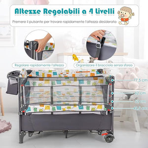 5 in 1 Lettino da Campeggio per Bambini, Lettino con Materasso per Neonato, Culla da Viaggio con Fasciatoio, Altezza Regolabile, Ruote con Freno, per Bambini 0-36 Mesi (Grigio)