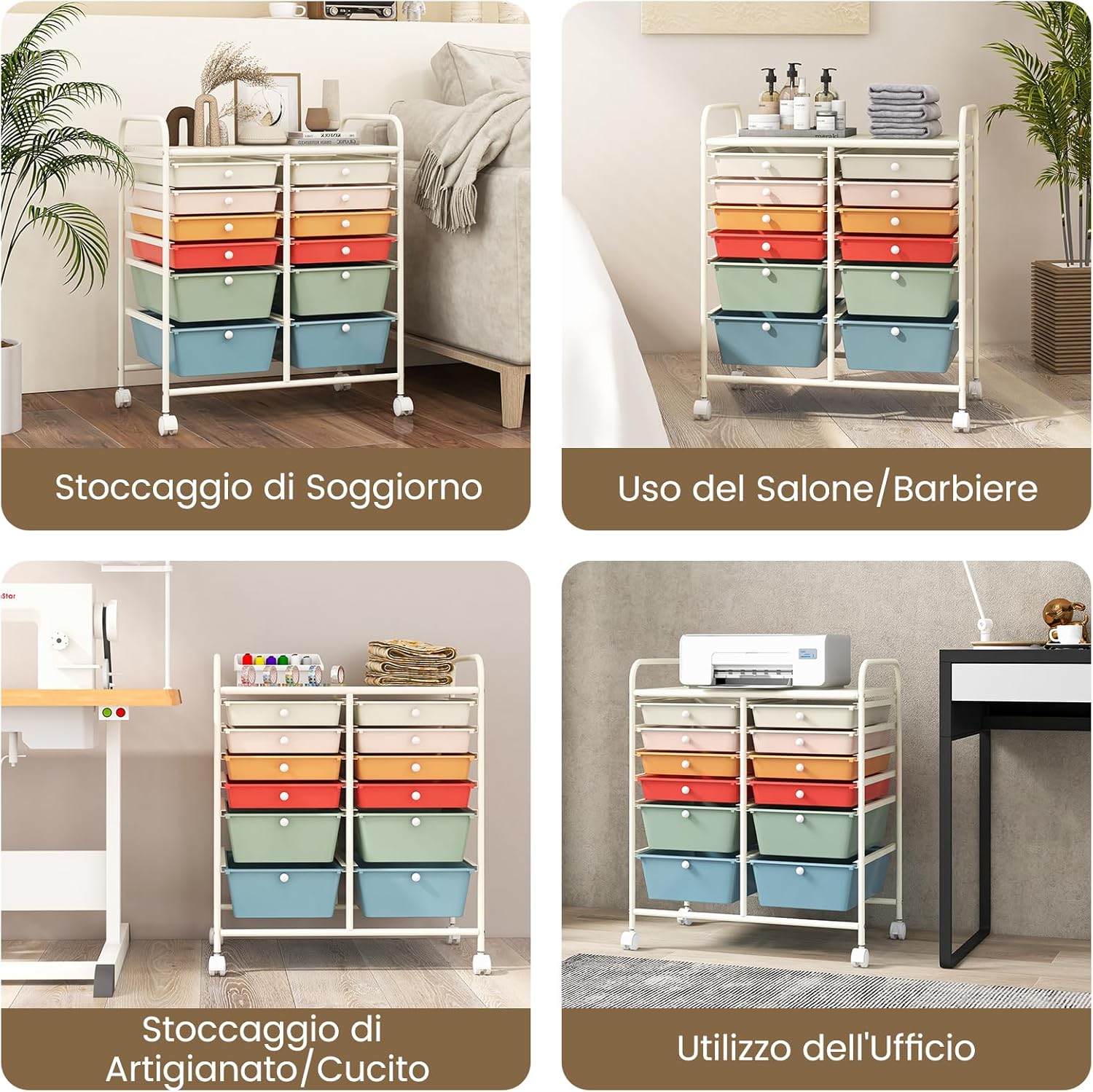 Carrello con 12 Cassetti con Ruote, Carrello di Stoccaggio Multiuso con Ampio Spazio di Archiviazione, Ideale per Casa Ufficio Domestico, 73,5 x 37 x 63 cm (Multicolore)