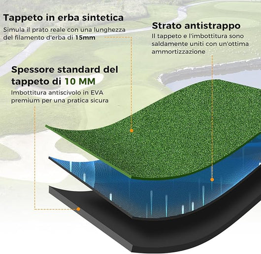 Tappetino da Allenamento Golf, Tappetino da Allenamento 3-in-1 con Erba Sintetica, 2 Punte da Golf, 2 Astine di Allineamento, Fori Preforati per le Punte, per Uomini e Donne