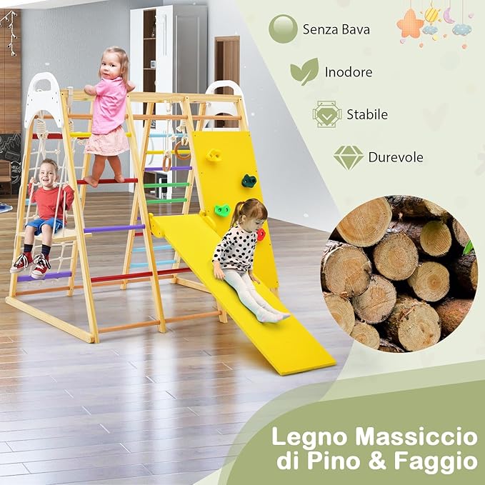 Set da Arrampicata per Bambini, Area Giochi Multifunzionale in Legno con Scala, Scivolo, Altalena e Rete da Arrampicata (Colorato)