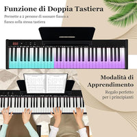 Tastiera Musicale 61 Tasti, Set Pianoforte Elettronico Portatile con Sgabello, Pianoforte Digitale Portatile con Supporto, Pedale Sustain, MIDI, USB e Funzione di APP Bluetooth