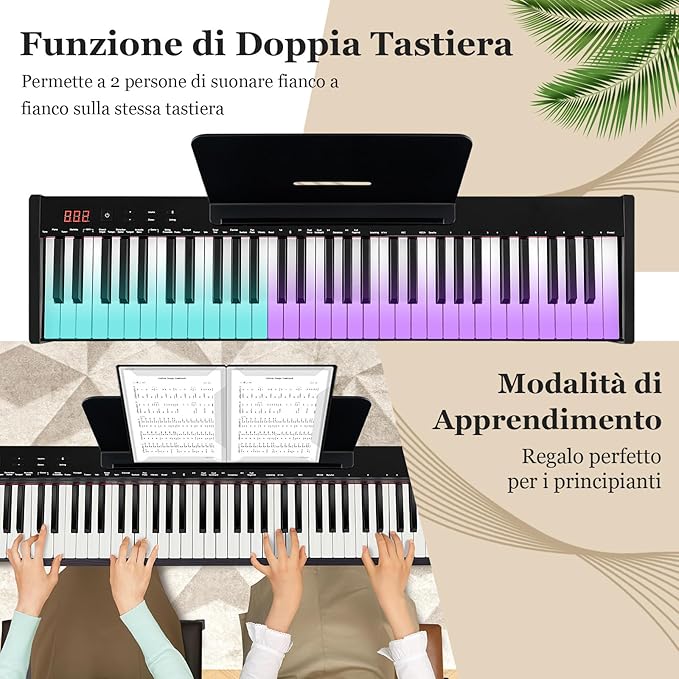 Tastiera Musicale 61 Tasti, Set Pianoforte Elettronico Portatile con Sgabello, Pianoforte Digitale Portatile con Supporto, Pedale Sustain, MIDI, USB e Funzione di APP Bluetooth