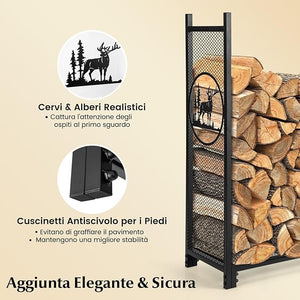 Porta Legna 121 x 38 x 117 CM, Scaffale per Legna Rosbuto con Lati a Rete, Motivi Cervo e Albero, Portalegna da Ardere per Interni ed Esterni, Nero