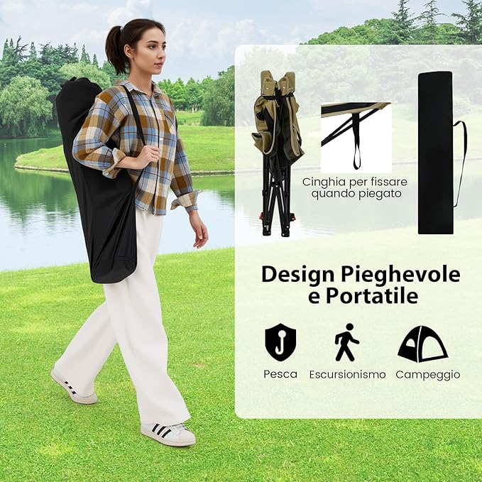 Sedia da Campeggio con Poggiapiedi Rimovibile, Sedia Pieghevole con Schinale Reclinabile, Braccioli e Portabicchieri, Portata 150 kg, Sdraio in Testtuto Oxford per Giardino e Spiaggia (Verde)