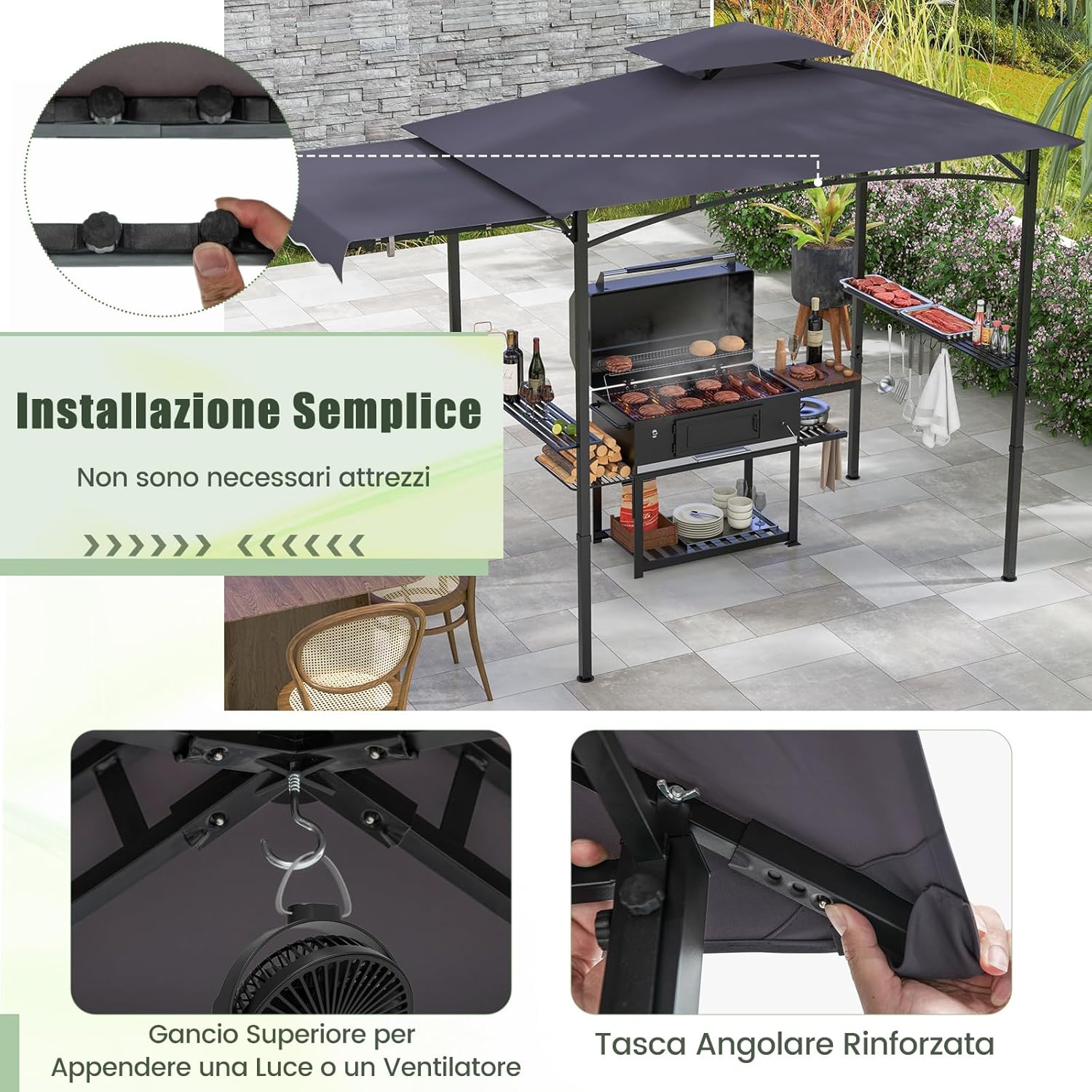 Gazebo per Barbecue, Pergola per BBQ con Tendalino Laterale, Tetto a 2 Livelli, 2 Ripiani Laterali, Ganci Appesi, Apribottiglie, per Giardino e Cortile, 318 x 153 x 250 cm (Grigio Scuro)